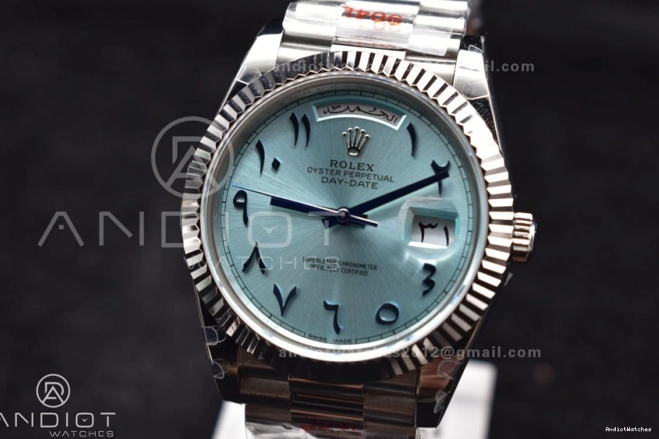710 GMF Arabic A3255 Steel Dial Cozy Markers SS Blue V on DayDate President Bracelet 40 Iced 904L 1025